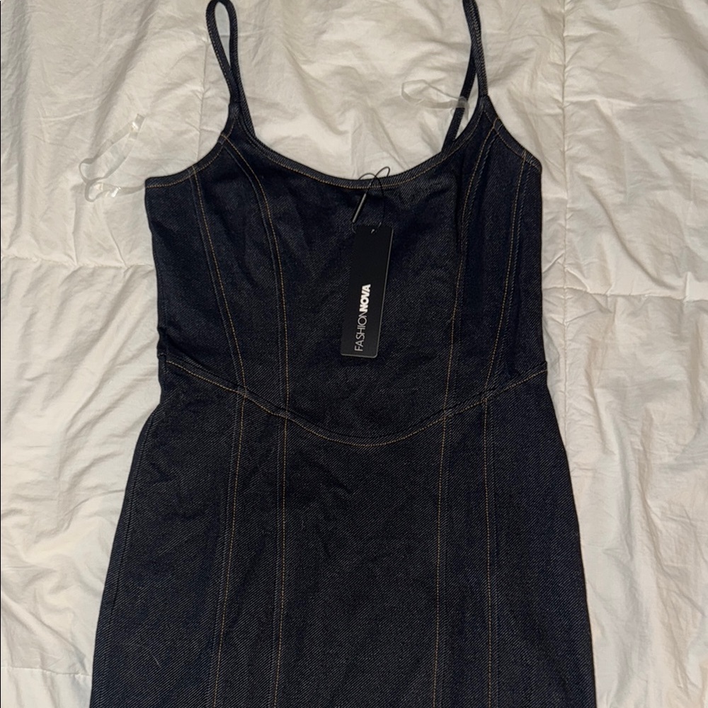Fashion Nova Denim Sheath Mini Dress with Spaghetti Straps